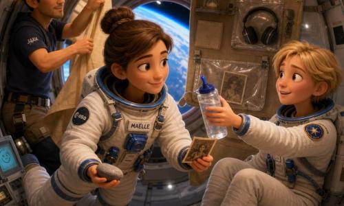 Maëlle, astronaute au visage serein et concentré, sourit doucement ; elle porte une combinaison spatiale blanche à attaches bleues, cheveux bruns en chignon, tenant une petite pierre lisse grise dans une main et une photo cornée dans l'autre, flottant en apesanteur. À sa droite, Lina, jeune femme d'environ 20 ans aux cheveux blonds courts, regard à la fois excité et timide, est assise en flottant et tend une gourde attachée vers Maëlle. En arrière-plan gauche, Kenji, homme d'une quarantaine d'années aux cheveux noirs courts et à l'expression calme et bienveillante, observe doucement le rideau du renfoncement, prêt à aider. L'intérieur du module spatial est rond et compact : parois métalliques claires, panneaux de contrôle à voyants colorés, sangles et pochettes transparentes, petit hublot montrant l'arc bleu de la Terre et un rideau textile beige fixé à une structure. La scène montre l'aménagement d'un « coin tranquille » près du hublot avec un petit sablier attaché, un casque audio en pochette, une poche plastique pour la photo et des objets personnels flottant doucement ; l'ambiance est lumineuse, douce et chaleureuse, contrastant le métal froid et les textures textiles confortables.