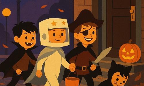 Quatre enfants : Léo, 5 ans, grand, casque d’astronaute en carton et cape argentée, au centre-gauche en avant ; Milo, 4 ans, petit vampire à cape noire, à gauche de Léo faisant un pas en arrière ; Sam, 5 ans, pirate malicieux avec chapeau trop grand et sabre en plastique, à droite de Léo penché vers un seau à bonbons ; Nino, 4 ans, chat noir accroupi tout à droite ramassant une feuille brillante. Ils se tiennent dans une rue pavée de quartier sous un ciel crépusculaire violet-bleu, lampadaires ronds projetant des cercles dorés sur le trottoir humide, une allée couverte de feuilles orange, rouges et brunes, devant une maison ancienne avec une vieille sonnette en laiton et une citrouille-lanterne dont la flamme clignote. Les quatre enfants sonnent à la porte où l’on peut lire DING DONG… si tu oses (gentiment) !, créant une atmosphère à la fois drôle et mystérieuse : capes qui bougent, feuilles qui tourbillonnent, éclairages chauds des lampadaires et orange de la citrouille contrastant avec le ciel violet.