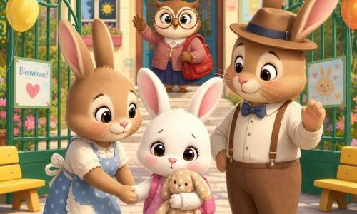 Noisette, un petit lapin blanc aux grandes oreilles roses tenant un doudou beige à étoiles, affiche une expression timide mais déterminée ; sa mère, une lapine brune en tablier à pois bleu, lui tient la main à gauche, son père, grand et chapeauté, l'encourage à droite ; derrière eux, la maîtresse chouette aux lunettes rondes et au cartable rouge agite la main près de la porte de la classe ; la scène se déroule dans la cour d'école avec une grille verte ouverte, dalles claires, bancs jaunes, dessins à la craie et ballons au portail, ambiance matin ensoleillé aux couleurs pastel et lumière douce.
