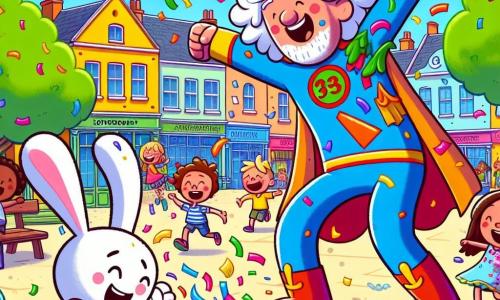 Zozo, une super-héroïne joyeuse, porte une cape arc-en-ciel et sourit largement. Elle a des cheveux bouclés et colorés, riant aux éclats, entourée de confettis. À ses côtés, Bidouille, un petit lapin magique aux grandes oreilles, fait un saut périlleux, son pelage blanc brillant au milieu des confettis. En arrière-plan, Ronchon, un homme bougon, lutte contre des confettis collants, tandis que Grincheux, un garçon de 10 ans, rit malgré son air renfrogné. La scène se déroule dans une petite ville ensoleillée, avec des enfants jouant et des ballons flottant dans le ciel. Zozo et Bidouille transforment le chaos en une fête joyeuse pleine de rires et de couleurs.