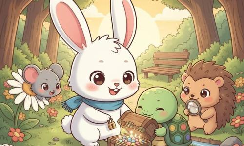 Léo le lapin blanc aux grandes oreilles roses, écharpe bleue, souriant et accroupi en train d'insérer une petite clé dorée dans un cadenas; Mimi la petite souris grise aux joues roses, curieuse, penchée entre des pétales de marguerite à gauche; Toto le hérisson brun aux piquants stylisés, enthousiaste, tenant une loupe près d'un ruisseau à droite; Lou la tortue verte au dos rond et carapace colorée, sereine, ouvrant délicatement le couvercle d'une petite boîte en bois qui révèle des pierres colorées scintillantes; décor : sentier secret du parc bordé de fleurs et de fougères sous une voûte d'arbres, lumière douce de coucher de soleil, ambiance chaleureuse et émerveillée, tons pastel, style mignon aux contours nets.