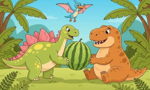 Stégosaure souriant et fier, peau vert clair à taches jaunes et grandes plaques rosées, pousse une grosse pastèque rayée avec ses pattes robustes; petit pteranodon bleu ciel aux ailes déployées et bec orange vole au-dessus en pointant la pastèque; gros tyrannosaure rond et sympathique, peau brun-orangé et dents arrondies, assis à droite les mains ouvertes, expression reconnaissante; scène dans une clairière préhistorique ensoleillée avec herbe, fougères et palmiers, fleurs colorées, collines douces et ciel bleu; composition centrée et accueillante, ambiance joyeuse, couleurs vives et formes simples.