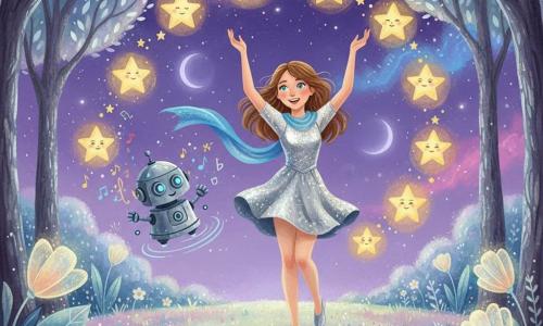 Élina, jeune femme souriante, danse au centre d'une clairière d'Astranolia en levant les bras, robe courte argentée scintillante et écharpe bleu comète flottant derrière elle ; Draxel, petit robot flottant aux yeux bleus, virevolte à sa gauche en projetant des notes musicales colorées et en filmant la scène ; un cercle d'étoiles flottantes souriantes l'entoure, émettant une lueur chaude qui éclaire l'herbe iridescente, les arbres aux feuilles argentées et les fleurs translucides ; ciel violet étoilé parsemé de nébuleuses roses et bleues avec deux lunes à l'horizon, ambiance magique et apaisante, lumière principale douce venant des étoiles chantantes, reflets argentés et textures gouache visibles, plan moyen en légère contre-plongée centré sur Élina.