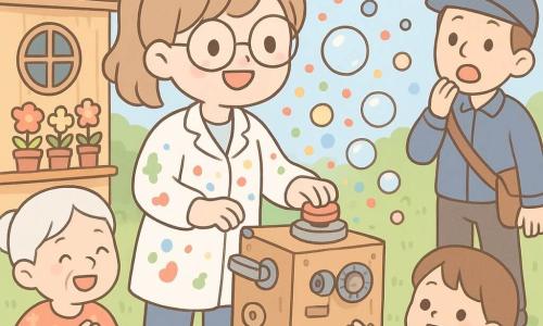 Lila, inventrice joyeuse aux cheveux châtain clair en couette et lunettes rondes un peu grandes, appuie sur un gros bouton rouge d'une machine bricolée en bois et métal en souriant, tandis que Léon, chat gris rayé, est enroulé sur une caisse près de la machine; à gauche Mme Dupont, femme âgée aux cheveux blancs en chignon et robe à fleurs, rit en tenant la main sur le cœur, à droite M. Paul, facteur à la casquette bleue et sac postal, recule surpris par des bulles qui éclatent sur son nez, devant deux enfants qui attrapent des bulles en riant; le jardin de quartier ensoleillé avec pelouse verte, petit atelier en bois aux fenêtres rondes, guirlandes et pots de fleurs sert de décor pendant que la machine envoie confettis multicolores et bulles translucides, ambiance chaleureuse et festive aux couleurs pastel, composition centrée sur Lila et sa machine, traits simples et formes rondes.