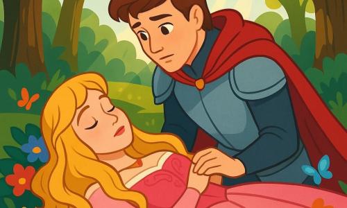 Au centre de l'image, la Belle au bois dormant, une jeune fille d'environ 18 ans, est allongée sur un lit de fleurs colorées dans une forêt enchantée. Ses longs cheveux dorés entourent son visage paisible, et elle porte une robe de satin rose. À ses côtés, un prince charmant d'environ 20 ans, avec des cheveux bruns, se penche sur elle avec une expression d'amour. Il porte une armure scintillante et tient délicatement sa main, espérant la réveiller. En arrière-plan, la forêt est luxuriante, avec des arbres épais et des rayons de soleil filtrant à travers les branches. Des fleurs et des papillons ajoutent une touche de magie. La scène montre le prince prêt à embrasser la Belle au bois dormant pour la réveiller, symbolisant l'amour véritable.