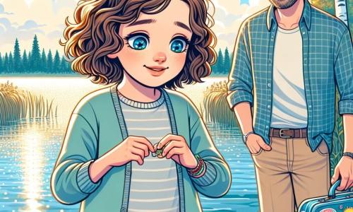 Une fille de 12 ans, Élise, aux cheveux châtains bouclés et aux yeux curieux, se tient sur un ponton en bois au bord d’un lac. Son visage exprime une mélancolie douce mêlée d'espoir, tandis qu'elle observe l'eau scintillante. Elle porte un pull bleu clair et un jean, tenant une petite valise bleue ornée de stickers. À côté d'elle, son père, un homme d’environ 40 ans avec des cheveux bruns légèrement grisonnants, lui montre un galet. Ils partagent un moment de complicité dans un cadre paisible, entouré de bouleaux et d’un ciel bleu clair. Élise s'apprête à lancer le galet dans l'eau, symbolisant un nouveau départ et l'importance de leurs souvenirs ensemble.