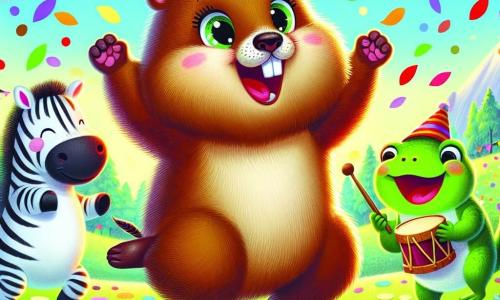 Une marmotte brune et joyeuse saute au centre, entourée de confettis. À droite, un zèbre souriant danse avec des pommes rouges. À gauche, une grenouille verte bat la mesure avec un tambour. En arrière-plan, une prairie ensoleillée avec des fleurs et des arbres crée une ambiance festive. Ils célèbrent ensemble une fête joyeuse sous un ciel bleu.
