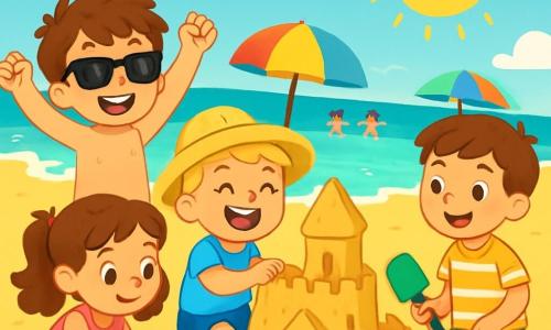 Quatre enfants sont présents sur une plage ensoleillée : Antoine, un garçon de 5 ans avec des cheveux bruns, porte un maillot de bain rouge et des lunettes de soleil, debout sur le sable en signe de victoire. Lucas, également âgé de 5 ans, a des cheveux blonds et une canne pour marcher, il est assis sur le sable en riant, vêtu d'un maillot bleu et d'un chapeau de paille. Léa, une fille de 5 ans avec des cheveux longs et bouclés, porte un maillot rose et creuse le sable avec un seau. Tom, un garçon de 5 ans avec des cheveux châtains, est à côté de Léa, prêt à construire un château de sable. La scène est animée par des vagues turquoise, des parasols colorés et d'autres enfants jouant dans l'eau. Antoine et Lucas, entourés de Léa et Tom, s'amusent à construire un grand château de sable sous le soleil.