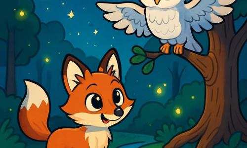 Un jeune renard au pelage roux, avec de grands yeux brillants et une queue touffue, se tient au bord d'un ruisseau scintillant sous la lune. Il semble curieux, observant les reflets des étoiles dans l'eau. À ses côtés, une chouette majestueuse au plumage blanc, perchée sur une branche, le regarde avec des yeux dorés pleins de sagesse. La scène se déroule dans une clairière enchantée, entourée de grands arbres dont les feuilles bruissent dans le vent nocturne, tandis que des lucioles dansent autour d'eux. Le renard, émerveillé, fait un pas en avant, prêt à découvrir les merveilles de la nuit, tandis que la chouette l'observe avec bienveillance.