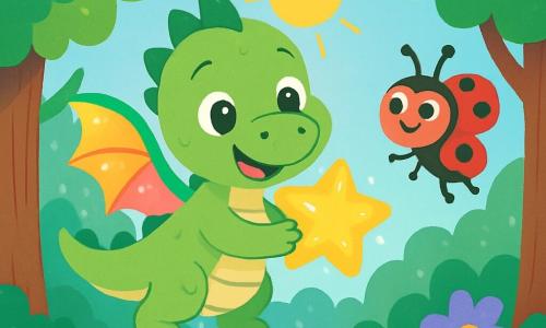 Un petit dragon vert, joyeux et doux, avec des ailes colorées brillantes, vole dans une forêt magique. Il a de grands yeux pétillants et un sourire radieux, tenant une étoile brillante dans ses pattes. À ses côtés, une coccinelle rouge souriante et enthousiaste vole autour de lui, pleine d'énergie. La scène se déroule dans une forêt enchantée avec des arbres majestueux et des fleurs colorées. Ensemble, le dragon et la coccinelle découvrent l'étoile brillante, illuminant leur chemin d'une douce lumière dorée, symbole d'amitié et d'aventure.