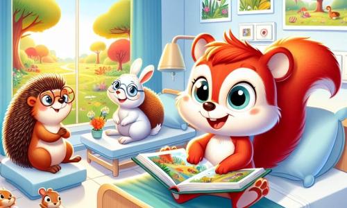 Dans une chambre d'hôpital lumineuse, un petit écureuil roux nommé Léo est assis sur son lit, entouré de peluches colorées. Il admire un livre ouvert avec des images d'aventures forestières. À ses côtés, un hérisson nommé Max, portant des lunettes rondes, lui raconte une histoire captivante, tandis qu'une lapine blanche nommée Nina écoute attentivement, prête à partager ses propres récits. La chambre est décorée de dessins d'animaux et de fleurs, avec une grande fenêtre laissant entrer la lumière du soleil. Léo, Max et Nina vivent un moment de partage joyeux, où l'amitié et l'imagination les transportent au-delà des murs de l'hôpital.