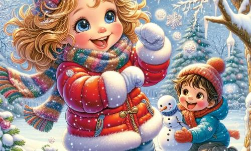 Lila, une petite fille de 7 ans aux cheveux bouclés et dorés, sourit en secouant une branche d'arbre couverte de neige, faisant tomber des flocons scintillants. Elle porte une doudoune rouge, des bottes en caoutchouc et une écharpe colorée. À ses côtés, son petit frère Lucas, âgé de 5 ans, rit en essayant d'attraper les flocons avec sa langue, vêtu d'une combinaison bleue et d'un bonnet en tricot. Ils se trouvent dans un jardin enchanté, avec des arbres majestueux chargés de neige et un sol scintillant. Ils construisent un bonhomme de neige joyeux, Monsieur Flocon, tout en s'amusant ensemble, leurs rires résonnant dans l'air frais de l'hiver.