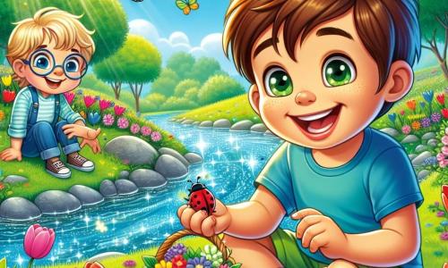 Un garçon de 8 ans, Lucas, avec des cheveux châtains et des yeux pétillants, est assis au bord d'un ruisseau, souriant. Il porte un t-shirt bleu et un short vert, tenant un panier de fleurs colorées. À côté de lui, son ami Thomas, également 8 ans, avec des cheveux blonds et des lunettes rondes, observe une coccinelle sur une feuille, émerveillé. Ils se trouvent dans un parc verdoyant, lumineux, avec des arbres en fleurs et un ciel bleu parsemé de nuages. Lucas et Thomas explorent, entourés de la beauté du printemps, riant et profitant de la nature, tandis que des papillons volent autour d'eux.