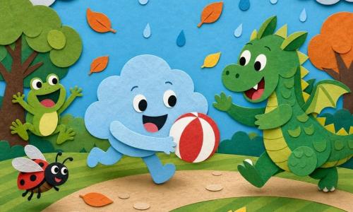 Petit Nuage bleu, nuage rond bleu ciel au sourire large, court en tenant une balle rouge et blanche; un gros dragon vert joyeux court à droite pour l'attraper; à gauche, une grenouille qui saute et une coccinelle qui vole; le parc en papier découpé montre herbe verte, feuilles orange et jaunes, quelques fleurs et un chemin en kraft; des gouttes de pluie stylisées commencent à tomber; scène colorée, dynamique et lisible pour un enfant de 2 ans.