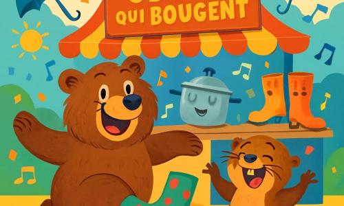 Un ours jovial nommé Barnabé se tient au centre de la scène, souriant et pétillant de joie. Il porte une chaussette verte à pois roses sur sa patte droite et chante en dansant. À ses côtés, Lili la loutre rit aux éclats, les pattes levées, comme si elle dansait. En arrière-plan, le Marché des Objets Qui Bougent est animé, avec des casseroles dansant, des parapluies volant et des bottes chantant. La scène est colorée et festive, remplie de confettis. Barnabé raconte une histoire drôle, provoquant des rires chez les animaux présents.