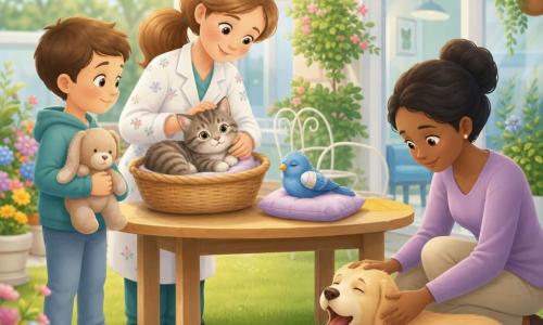 Une vétérinaire souriante aux cheveux châtain clair en queue de cheval, en blouse blanche à petites fleurs, caresse délicatement un chaton gris tigré ronronnant dans un panier tandis qu'un petit oiseau bleu bandé est perché sur un coussin, un garçon d'environ 6 ans tenant une peluche se tient à gauche, la propriétaire au chignon caresse un chien beige couché à droite ; décor : petit jardin-terrasse de clinique avec herbe courte, plates-bandes fleuries, table en bois, chaise blanche et pancarte "Clinique vétérinaire", lumière douce du matin, couleurs pastel avec touches vives, atmosphère calme et protectrice, style graphique simple et arrondi adapté aux enfants de 4 ans.