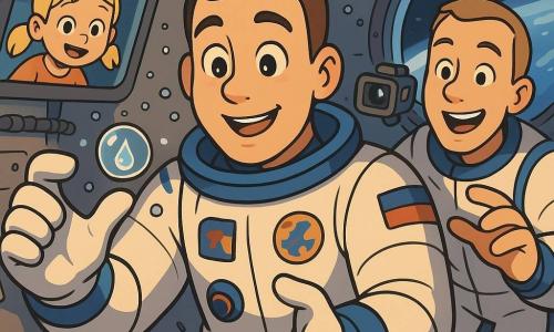 Un astronaute d'environ 30 ans au visage rond et cheveux bruns courts, sourire émerveillé, en combinaison spatiale blanche et bleue avec écussons, tient une petite capsule transparente contenant une goutte d'eau lumineuse; un coéquipier d'environ 28 ans, peau claire et coupe en brosse, joyeux, tend la main vers la goutte et filme avec une petite caméra flottante en arrière-plan à droite; une petite sœur d'environ 8 ans, cheveux blonds en couette, yeux écarquillés et sourire, apparaît sur un écran vidéo encadré flottant; intérieur d'un module de station spatiale aux cloisons métalliques, câbles et panneaux lumineux, hublots ronds montrant la Terre et des nuages, objets du quotidien flottants; au centre, une goutte d'eau parfaite et brillante entourée de minuscules bulles, les deux astronautes observent et enregistrent sa lente danse dans une ambiance calme, lumineuse, aux couleurs vives et ombres nettes en cel-shading.