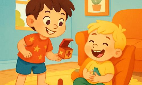 Il y a deux personnages principaux : Léo, un garçon de 6 ans avec des cheveux bruns en bataille et un grand sourire, portant un t-shirt rouge et des shorts bleus, et Max, un garçon de 4 ans avec des cheveux blonds et des yeux malicieux, vêtu d'un t-shirt jaune et de pantalons verts. Ils se trouvent dans un salon chaleureux, avec un grand tapis moelleux et des jouets éparpillés. Léo et Max préparent une farce amusante, Léo tenant une boîte à surprises et Max se cachant derrière un coussin, prêt à rire.