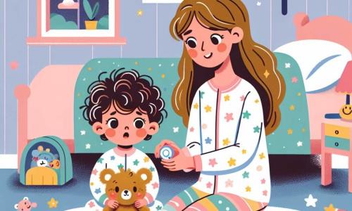Une petite fille d'un an, avec de grands yeux brillants et des cheveux bouclés, est assise sur un tapis doux dans sa chambre, tenant son ours en peluche, Nounours. Sa maman, une femme d'environ 30 ans, est accroupie à côté d'elle, souriante, avec une lampe de poche, éclairant doucement la pièce. La chambre est décorée de murs pastel avec des étoiles et des nuages, et un grand lit avec des draps doux. Des jouets sont éparpillés sur le sol, et une fenêtre montre un ciel nocturne étoilé. La petite fille, d'abord effrayée par le noir, commence à sourire en découvrant les ombres dansantes créées par la lampe de poche, tandis que sa maman lui explique que le noir peut être amusant.