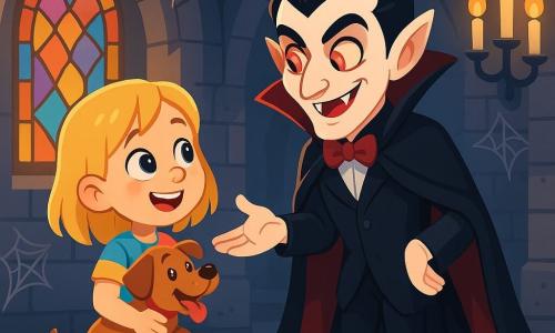 Un vampire élégant aux cheveux noirs et aux yeux rouges se tient dans un château sombre. Son visage fascinant et inquiétant est orné d'un sourire charmeur. Il porte une cape noire. À ses côtés, Alice, une fille de dix ans aux cheveux blonds, le regarde avec émerveillement, tenant son chien Max qui aboie joyeusement. Le château, vieux et majestueux, possède de grandes fenêtres en verre coloré, des murs en pierre grise et des chandeliers en fer forgé. Une lumière douce crée une atmosphère magique. Alice et le vampire discutent de secrets sur le monde magique, tandis que Max renifle le sol, ajoutant de la vie à la scène.