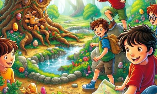 Dans un Jardin Enchanté, cinq garçons de neuf ans participent à une chasse aux œufs de Pâques. Arthur, le chef, sourit au centre avec une carte, tandis que Maxime, à droite, scrute un chêne. À gauche, Hugo observe un ruisseau, Lucas grimpe sur une branche, et Théo se penche près d'un cercle de pierres. Le jardin est féerique, rempli de fleurs colorées, d'arbres noueux et d'un ruisseau scintillant. Les garçons cherchent des œufs colorés, riant et s'exclamant à chaque découverte, créant une ambiance joyeuse.