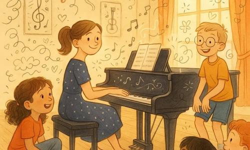 Une musicienne souriante aux cheveux châtain clair en queue de cheval, en robe bleu nuit à pois argentés, joue au piano noir brillant pour un groupe d’enfants émerveillés ; une fille d’environ 8 ans frappe doucement du pied, un garçon de 7 ans aux cheveux blonds et lunettes tapote ses genoux, d’autres enfants sont assis en demi‑cercle, dans une grande salle lumineuse au parquet clair décorée de guirlandes et affiches musicales, tandis que des notes et petits motifs lumineux flottent autour alors que la musicienne présente un nouvel arpège.