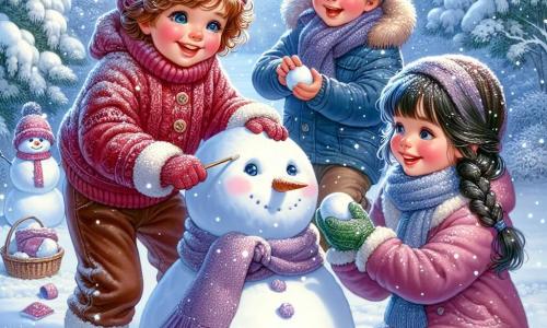 Lila, une petite fille de 5 ans aux cheveux bouclés et bruns, porte un gros pull rouge et s'amuse à façonner un bonhomme de neige dans un jardin enneigé. À ses côtés, Tom, un garçon de 6 ans avec des cheveux blonds en bataille, roule une boule de neige pour le corps du bonhomme, riant joyeusement. Sarah, également âgée de 5 ans avec des tresses noires, observe avec émerveillement. Le jardin est recouvert de neige scintillante, avec des arbres chargés de flocons et un ciel bleu clair. Les enfants créent ensemble un bonhomme de neige, capturant l'esprit joyeux de l'hiver.