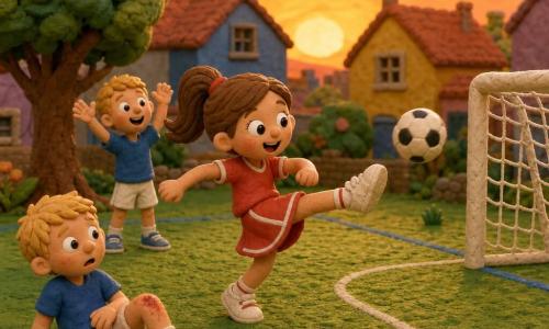 Lili, fille d’environ 9 ans, cheveux bruns en queue de cheval, porte une robe de sport rouge et des baskets blanches; elle sourit et donne un grand coup de pied à un ballon noir et blanc qui file vers le filet d’un petit terrain de football en herbe verte sous un ciel orangé de coucher de soleil, tandis qu’elle tend la main pour aider un ami d’environ 8 ans, tombé et légèrement éraflé, allongé sur l’herbe; Tom, garçon d’environ 9 ans aux cheveux blonds courts, se tient quelques pas derrière, bras levés en applaudissant; scène chaleureuse aux couleurs vives, textures lisses et légèrement granuleuses rappelant de la pâte à modeler.