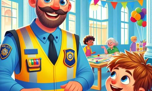 Monsieur Paul, un policier souriant d'une quarantaine d'années, porte une casquette bleue et un gilet jaune vif. Il prépare des jeux pour les enfants à la mairie. Léo, un garçon curieux de 8 ans avec des cheveux bruns en bataille et un t-shirt rouge, l'écoute avec émerveillement, impatient d'en apprendre plus sur le métier de policier. La scène se déroule dans une mairie lumineuse aux murs bleu clair, décorée de ballons et de jeux. Monsieur Paul explique avec enthousiasme son travail, tandis que Léo l'écoute attentivement, les yeux brillants d'excitation.