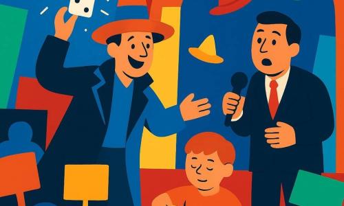 Monsieur Zigzag, un homme au visage jovial, porte un manteau trop grand et un chapeau changeant de couleur, lance son Domino Magique brillant dans l'air. À côté de lui, Monsieur Voix-Grave, un homme d'âge moyen avec une expression surprise, tient un micro sur la scène. Celle-ci est remplie de couleurs vives, avec des chapeaux en papier flottant et un garçon d'environ 10 ans jouant de la guitare avec des cuillères à l'avant. Le studio de télévision est décoré de lumières clignotantes et de pancartes colorées tenues par un public enthousiaste. La scène principale montre le moment où le Domino Magique de Monsieur Zigzag transforme un silence gênant en une explosion de rires et de créativité, avec des idées scintillantes autour des personnages.