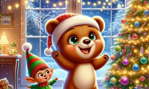 Un petit ourson brun nommé Nino danse avec un grand sourire, portant un chapeau de Noël rouge avec un pompon blanc. À ses côtés, un lutin espiègle nommé Pipo rit, avec ses oreilles pointues et son costume vert vif. La scène se déroule dans une maison chaleureuse décorée pour Noël, avec un sapin scintillant et des flocons de neige tombant à l'extérieur. Nino et Pipo dansent autour du sapin, entourés de délicieux cookies, dans une atmosphère magique et joyeuse.