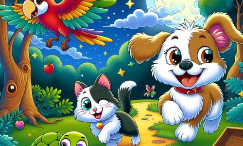 Rufus, un petit chien aux oreilles droites et au pelage doux, court joyeusement dans une clairière éclairée par la lune, ses yeux brillants de curiosité. À ses côtés, Coco, un perroquet coloré, vole en chantant, tandis que Minou, un chat noir et blanc, se frotte les yeux avec un sourire malicieux. En arrière-plan, Tilly, une tortue avec une carapace verte et un chapeau trop grand, avance lentement. La clairière, entourée d'arbres majestueux aux feuilles scintillantes, est parsemée de fruits colorés. Rufus et ses amis découvrent un trésor de jouets colorés et s'amusent ensemble sous les étoiles.