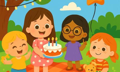 Il y a 4 enfants : Mia, 6 ans, avec de longs cheveux bruns, portant une robe rose à pois blancs et tenant un gâteau d'anniversaire ; Zoé, 5 ans, avec des cheveux blonds en tresses, portant un t-shirt jaune et dansant joyeusement près de Mia ; Lila, 6 ans, avec des cheveux noirs et des lunettes rondes, habillée d'une robe violette et tenant un ballon en forme d'étoile ; Emma, 5 ans, avec des cheveux roux et des taches de rousseur, portant une jupe verte et assise sur l'herbe entourée de doudous. La scène se déroule dans un jardin ensoleillé, avec des fleurs colorées, des ballons flottants et une nappe à carreaux. Les enfants célèbrent l'anniversaire de Mia en riant et dansant autour du gâteau, tandis qu'un ballon rose s'élève dans le ciel bleu.