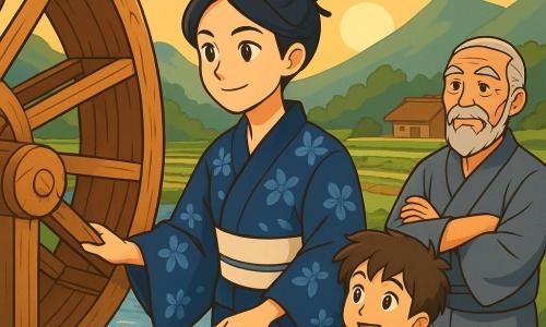 Yuki, une femme d'une trentaine d'années, se tient près d'une roue d'eau en bois, son visage rayonnant de détermination. Elle porte un kimono bleu nuit orné de motifs floraux et ses longs cheveux noirs sont noués en un chignon élégant. À ses côtés, un jeune garçon de dix ans, aux cheveux ébouriffés, observe avec curiosité. Il porte un short en toile et un t-shirt coloré, tenant un petit panier en osier rempli de fleurs. Un vieil homme, le chef du village, se tient en retrait, avec une barbe grise, et regarde Yuki avec fierté. La scène se déroule dans un village japonais pittoresque, entouré de montagnes verdoyantes. Yuki tente de réparer la roue d'eau, symbole de vie pour son village, tandis que le garçon et le vieil homme l'encouragent, unis dans l'espoir de restaurer l'harmonie de leur communauté.