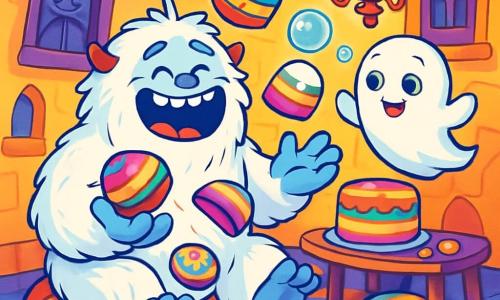 Un yéti nommé Biscotte, grand et pelucheux avec un pelage blanc éclatant et des yeux curieux, est assis sur un coussin moelleux, riant aux éclats tout en jonglant maladroitement avec des gâteaux colorés. À côté de lui, un petit fantôme nommé Loulou, âgé d'environ 5 ans, flotte dans les airs, faisant des bulles de savon. Ils se trouvent dans un château rigolotant aux murs tordus et fenêtres grimaceuses, avec des tapis colorés et des lustres scintillants. Biscotte et Loulou préparent un grand banquet festif, entourés de gâteaux arc-en-ciel et de bonbons, créant une atmosphère de bonheur et de camaraderie.
