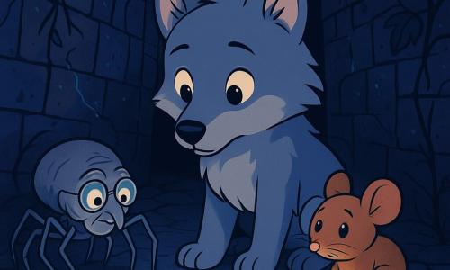 Un petit loup aux yeux doux et calmes, avec un pelage gris et soyeux, se tient au centre, regardant avec curiosité une fissure lumineuse dans le sol. À sa droite, une petite souris aux moustaches frémissantes se blottit contre sa patte, affichant une expression d'inquiétude mêlée d'espoir. À gauche, une vieille araignée aux pattes fines, portant des lunettes rondes, s'approche lentement, prête à aider le petit loup. Le décor est une ruelle sombre et mystérieuse, où une lumière bleue émane de la fissure, illuminant les personnages. Le petit loup écoute le murmure de la fissure, tandis que la souris et l'araignée l'observent, créant une atmosphère intrigante et magique.