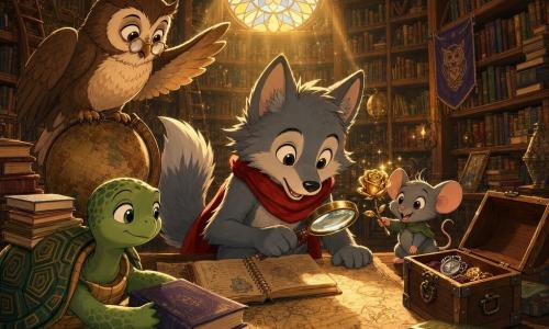 Quatre petits enquêteurs dans une bibliothèque enchantée en bois sombre : Léo, petit loup anthropomorphe au pelage gris, grande queue touffue et écharpe rouge, agenouillé devant une table examinant une vieille carte avec une loupe et un carnet ; Mia la souris minuscule tenant une rose dorée scintillante sur la table à droite ; Oscar le hibou brun et crème aux lunettes rondes perché sur un globe à gauche, ailes à demi ouvertes ; Lina la tortue à la carapace verte portant des livres et poussant un volume vers Léo ; sur la table une boîte en bois ouverte révèle un médaillon argenté et la rose dorée, éclairés par une lumière chaude filtrant par un vitrail et faisant ressortir leurs visages excités.