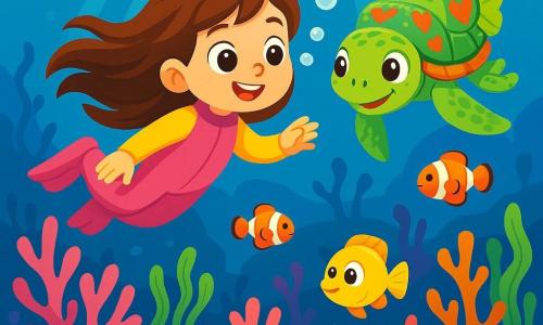 Lila, une petite fille de six ans aux grands yeux curieux et aux longs cheveux bruns, sourit émerveillée en nageant joyeusement avec une tortue marine nommée Tilda, qui a une carapace décorée de cœurs. Elles évoluent dans un royaume sous-marin magique rempli de coraux vibrants et de poissons colorés. Ensemble, elles explorent un jardin de coraux scintillants, tandis qu'un petit poisson-ange jaune les observe avec émerveillement.