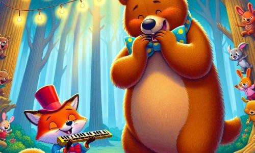 Rusty le renard, avec son pelage roux et ses yeux malicieux, se tient sur scène avec un chapeau haut-de-forme de travers, jouant de l'harmonica tout en trébuchant légèrement, ce qui rend la scène drôle et attachante. À ses côtés, Monsieur Bruin, un grand ours brun au pelage doux, rit de bon cœur en portant un nœud papillon coloré. La clairière au pied de la Colline Cachée est illuminée par des guirlandes scintillantes, tandis que des animaux de la forêt, comme des lapins et des écureuils, applaudissent et rient, créant une ambiance festive. La scène principale montre Rusty jouant de l'harmonica, provoquant des éclats de rire chez les autres animaux.
