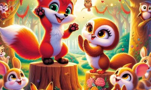 Victor, un jeune renard aux poils roux et aux yeux malicieux, se tient sur une souche d'arbre, souriant et saluant ses amis pour la Saint-Valentin. À ses côtés, Lucie, une petite chouette aux plumes blanches et marron, applaudit joyeusement depuis une branche, tandis qu'un groupe de lapins aux grandes oreilles échange des cartes colorées. La scène se déroule dans une clairière ensoleillée de la forêt enchantée, entourée d'arbres majestueux et décorée de friandises. Les animaux rient et s'amusent, créant une atmosphère chaleureuse et festive, célébrant l'amitié et la joie de la Saint-Valentin.