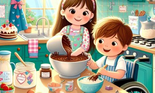 Dans une cuisine lumineuse et colorée, Lili, une petite fille de 7 ans aux longs cheveux bruns, verse du chocolat fondu dans un grand bol, tandis que Tom, un garçon de 8 ans en fauteuil roulant, sourit et mélange la pâte. La lumière du soleil entre par une fenêtre avec des rideaux à fleurs, et des ingrédients comme de la farine, du sucre et des œufs sont éparpillés sur le plan de travail, aux côtés d'une carte colorée. Ils préparent un gâteau pour la fête des pères, dans une ambiance joyeuse et complice.