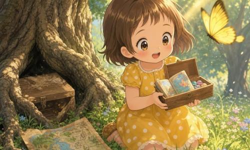 Une fillette de 4 ans, joyeuse et curieuse, cheveux bruns courts avec une mèche rebelle, yeux ronds, robe jaune à pois blancs, tient contre sa poitrine une petite boîte en bois ouverte et sourit en découvrant un minuscule livre; un papillon jaune vif vole devant elle comme pour la guider; un vieux chêne aux racines noueuses et une boîte poussiéreuse entre ses racines sont à l'arrière, l'herbe dense parsemée de petites fleurs bleues et roses et des rayons de soleil dorés créent des taches chaudes — elle découvre un trésor simple sous l'arbre: une carte colorée et une boîte contenant un livre miniature et des cailloux brillants; atmosphère calme, accueillante, pastel et magique.