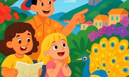 Trois personnages sont présents : Mila, une fille de 8 ans aux cheveux bruns et bouclés, portant un t-shirt jaune et un short bleu, tenant une grande carte et souriant avec émerveillement ; Sofia, une fille de 7 ans aux cheveux blonds et lisses, vêtue d'une robe rose à fleurs, fascinée par le ciel ; et Lucas, un homme adulte aux cheveux noirs et portant un grand chapeau coloré, vêtu d'une chemise à motifs, qui montre les merveilles de la ville aux deux filles. Ils se trouvent dans un jardin luxuriant de Rio de Janeiro, entouré de fleurs colorées et avec en arrière-plan des maisons pastel et la montagne du Pain de Sucre. La scène principale montre Mila et Sofia émerveillées par la danse d'un paon doré, riant et applaudissant, tandis que Lucas les encourage à admirer la magie de Rio.