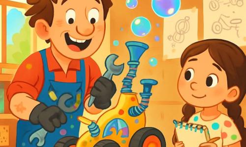 Monsieur Léon, un homme joyeux aux cheveux châtain ébouriffés et portant une salopette bleue tachée de peinture, se tient dans son atelier en bricolant une invention étrange avec des roues et des ressorts. À ses côtés, Clara, une petite fille de 8 ans aux longs cheveux bruns tressés et vêtue d'une robe à pois colorés, l'observe avec émerveillement, carnet de croquis en main. L'atelier lumineux est rempli de pièces détachées, de livres et de dessins d'inventions imaginaires. Monsieur Léon crée une machine à bulles géante, laissant flotter des bulles colorées qui illuminent l'atelier, tandis que Clara s'apprête à dessiner cette scène magique.