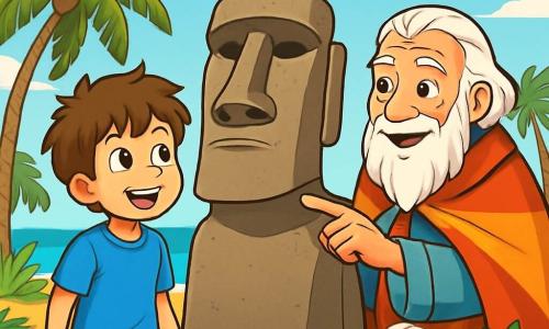 Léo, un garçon de 10 ans aux cheveux bruns en bataille et aux yeux curieux, se tient devant une statue moaï. Il porte un t-shirt bleu vif et un short beige, son visage rayonnant d'excitation. À ses côtés se trouve Mana, un homme d'environ 60 ans avec une longue barbe blanche et une cape colorée, qui sourit en montrant la statue. Ils sont sur une plage dorée, entourés de palmiers et d'une mer turquoise scintillante. Léo et Mana découvrent ensemble le trésor caché, dans l'énergie vibrante de l'île de Pâques, avec des oiseaux colorés et des fleurs exotiques autour d'eux.
