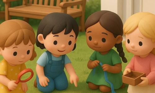 Quatre fillettes de 3 ans jouent aux détectives dans un jardin ensoleillé : Lila, châtain clair en deux couettes, robe jaune à pois, tient une loupe et regarde le sol à l'avant gauche ; Mia, cheveux noirs courts, salopette bleue, sourit et pointe une petite empreinte de chaussure à côté de Lila ; Noor, peau hâlée, tresse, robe verte, agenouillée près d'un banc tient un ruban bleu comme indice ; Zoé, blonde en pull rose, tient une petite boîte d'indices à droite en retrait et regarde le ruban. Elles examinent des pas dans la terre près d'un banc, dans une ambiance douce et lumineuse, style figurines 3D aux couleurs pastel et textures lisses.