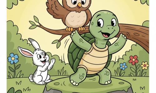 Une petite tortue verte à carapace ronde et brillante, yeux souriants, tourne joyeusement au centre; derrière elle, un vieux hibou brun perché sur une branche la regarde bienveillant et encourageant; à gauche, un lapin blanc tacheté de gris applaudit depuis une pierre; clairière ensoleillée d'une forêt enchantée avec herbe verte, fleurs colorées et une grosse pierre mousseuse, lumière douce aux tons chauds et pastels, ombres rondes et contours noirs épais, ambiance ludique et rassurante.