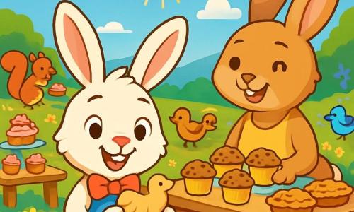 Un jeune lapin nommé Léo, avec de grandes oreilles blanches et des yeux curieux, se tient dans un champ fleuri, souriant. Il porte un nœud papillon rouge et tient un biscuit en forme de colombe, prêt à le partager. À ses côtés, sa maman, une lapine au pelage brun clair, prépare des muffins sur une table décorée de fleurs, affichant une expression joyeuse. En arrière-plan, des animaux comme des écureuils et des oiseaux se rassemblent autour de tables remplies de douceurs, tous souriants. Le ciel est bleu et ensoleillé, créant une atmosphère paisible. Léo et sa maman organisent un goûter solidaire pour promouvoir l'amitié et la paix, entourés de leurs amis animaux, unis dans la joie.