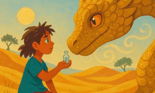 Élyna, jeune femme déterminée au visage rond et yeux verts, cheveux bruns ébouriffés, agenouillée sur une dune dans un désert ocre, tend doucement une petite fiole vers un énorme dragon de sable aux écailles dorées et granuleuses, qui s'incline avec curiosité ; lumière chaude de fin d'après-midi, ambiance magique et paisible.