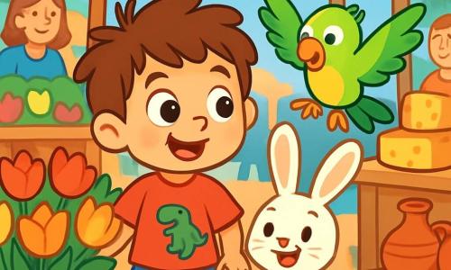 Léo, un petit garçon de 4 ans aux cheveux bruns en bataille et aux yeux curieux, se trouve au milieu d'un marché animé. Il porte un t-shirt rouge avec un dinosaure et un short bleu, affichant une joie d'émerveillement en admirant des tulipes colorées. À ses côtés, Max, un perroquet aux plumes vertes et jaunes, vole joyeusement en lui parlant, tandis que Mimi, un petit lapin blanc aux longues oreilles, sourit malicieusement près de lui. Le marché regorge de stands colorés avec des fleurs, des fromages et des objets artisanaux, créant une atmosphère joyeuse où Léo découvre les fleurs, encouragé par Mimi et survolé par Max.